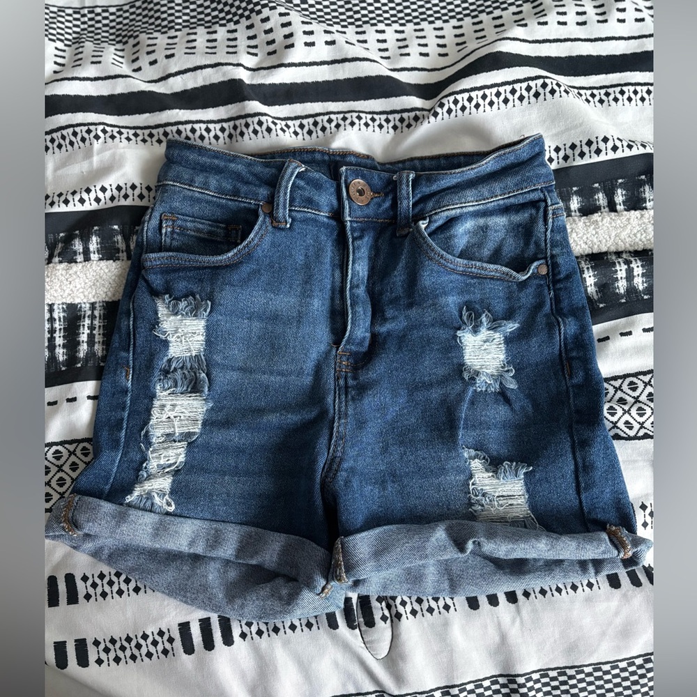 Blue Savvy Distressed Jean Shorts with Cuffed Hem